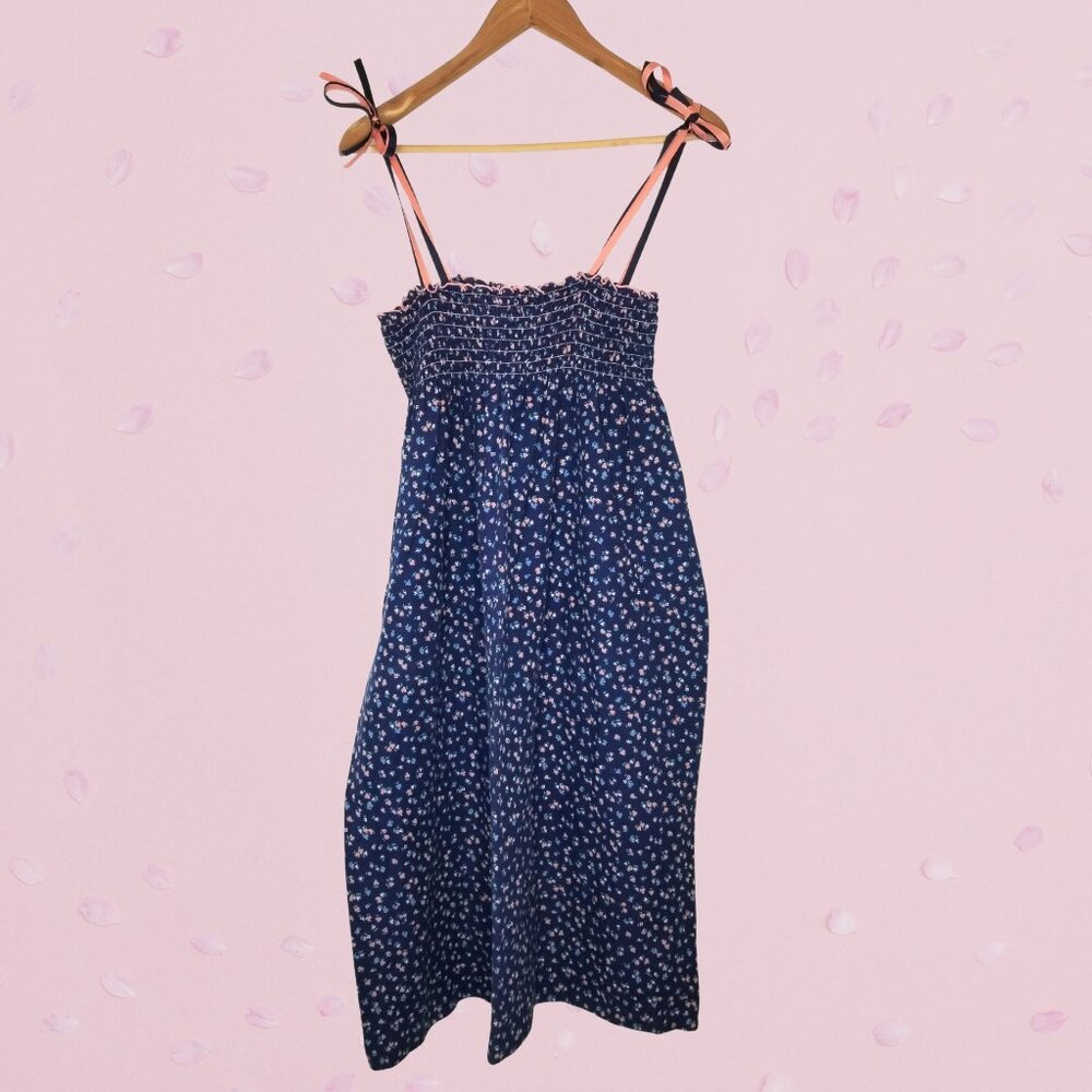 Vintage 1970s Blue Floral Sundress w Pink Accents